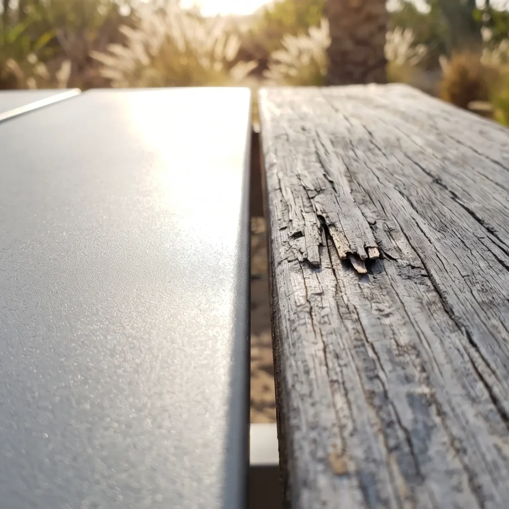 A macro comparison photograph showing a pristine powder-coated aluminum surface next to weathered, cracking timber, illustrating long-term durability in the UAE.