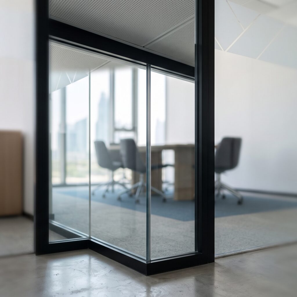 Close-up detail of a cost-effective aluminum partition frame, showcasing the precision matte black joints and clear safety glass on a concrete floor.