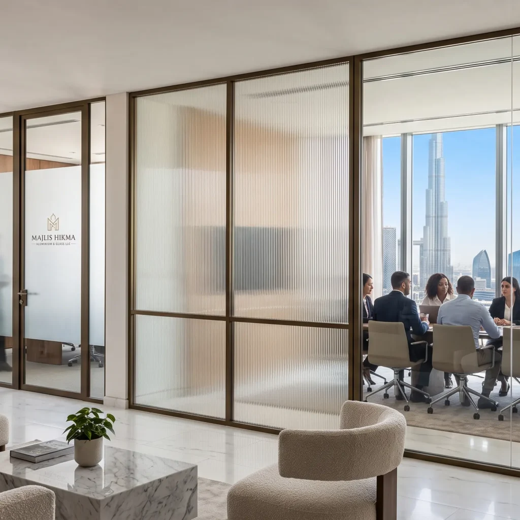 Wide-angle photograph of a prestigious modern Dubai office interior showcasing custom fluted, frosted, and clear glass partitions by MAJLIS HIKMA ALUMINIUM & GLASS LLC, overlooking the Downtown Dubai skyline and professionals working.