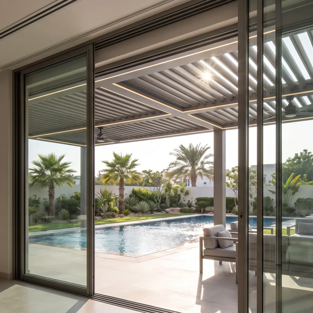 A view from inside a Dubai villa looking out to a poolside area through large exterior aluminium glass partitions that slide open, leading to an integrated pergola.