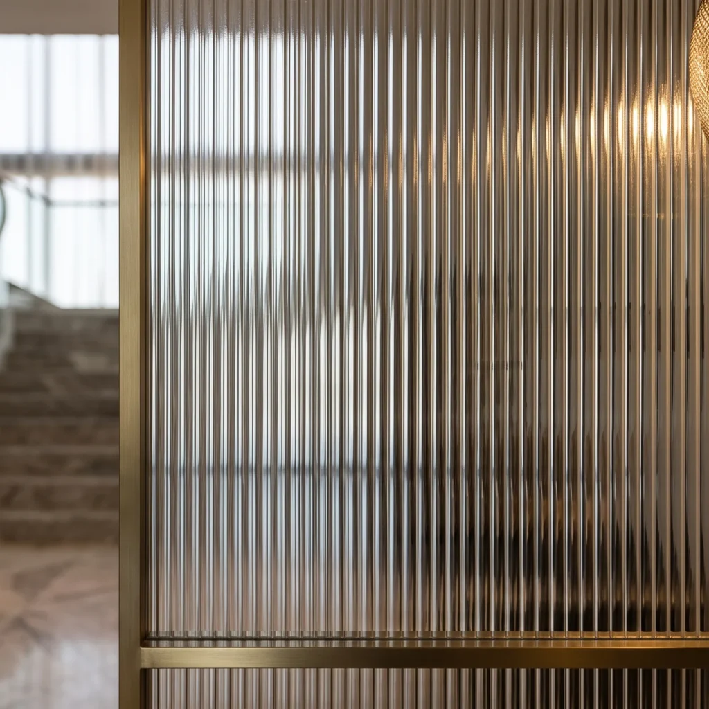 Detailed texture of fluted glass partition panel with a brushed gold frame in a luxury villa entryway, installed by MAJLIS HIKMA ALUMINIUM & GLASS LLC.