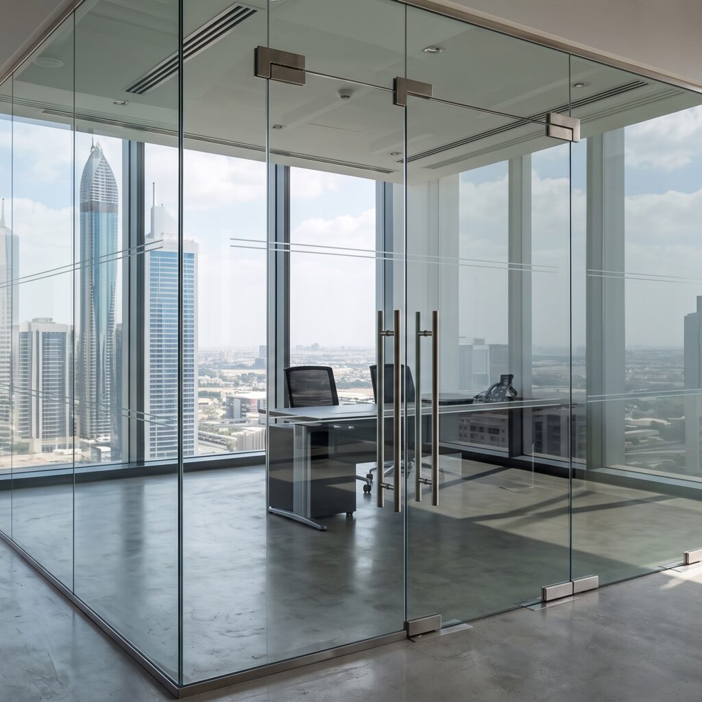 Frameless double glass doors and clear glass partition enclosure in a modern high-rise Dubai corporate office overlooking city skyscrapers.