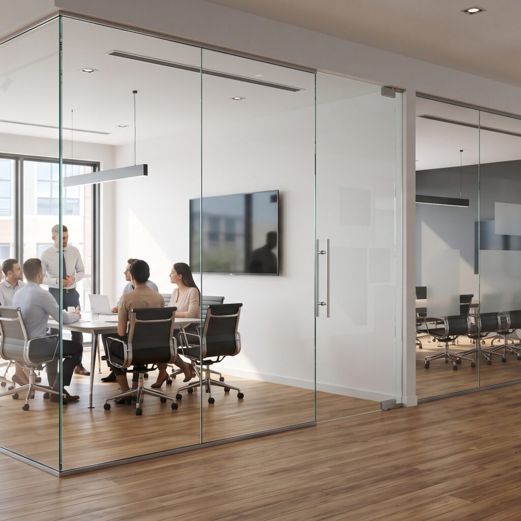 A detailed corner shot of a modern office meeting room, focusing on the seamless junction of two frameless glass partition panels, customized with frosted geometric privacy film manifestations, with team members visible in the background.