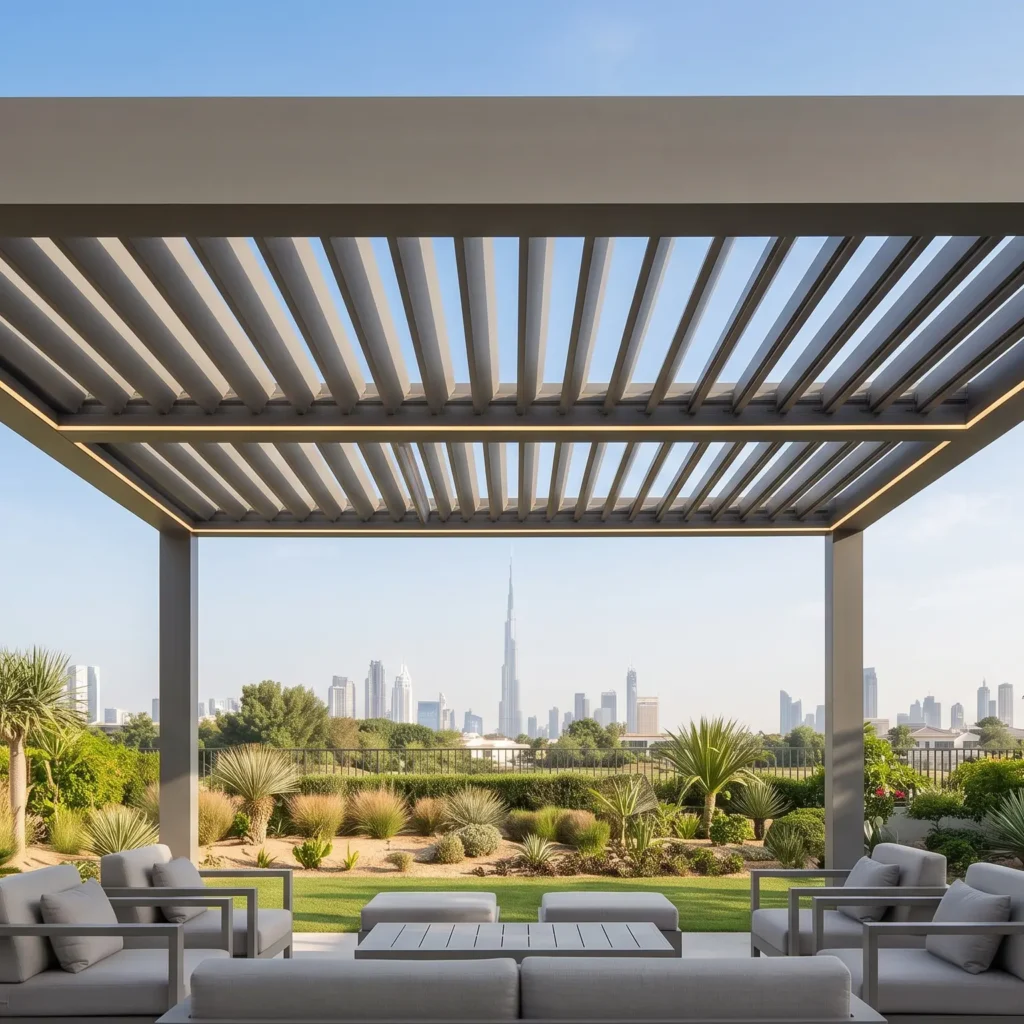 A contemporary aluminum pergola in a luxurious Dubai backyard with a motorized louvered roof and integrated lighting, overlooking the city skyline.