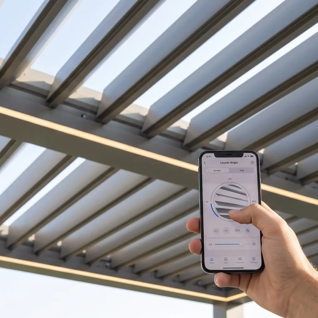 A detail shot of a hand using a smartphone app to operate the motorized louvered roof mechanism of a modern aluminum pergola, adjusting shade.
