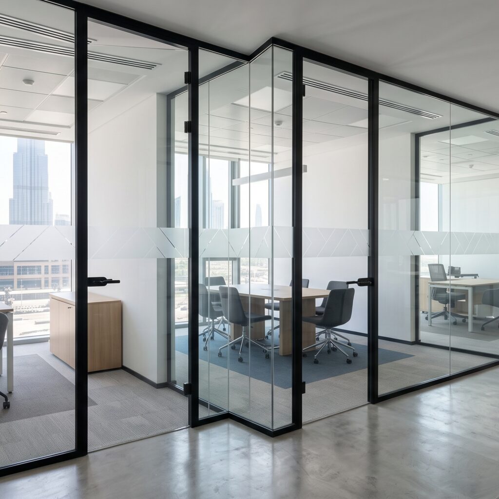Modern office hallway featuring clear commercial glass partitions with decorative frosted bands and sliding doors in a Business Bay Dubai workspace.