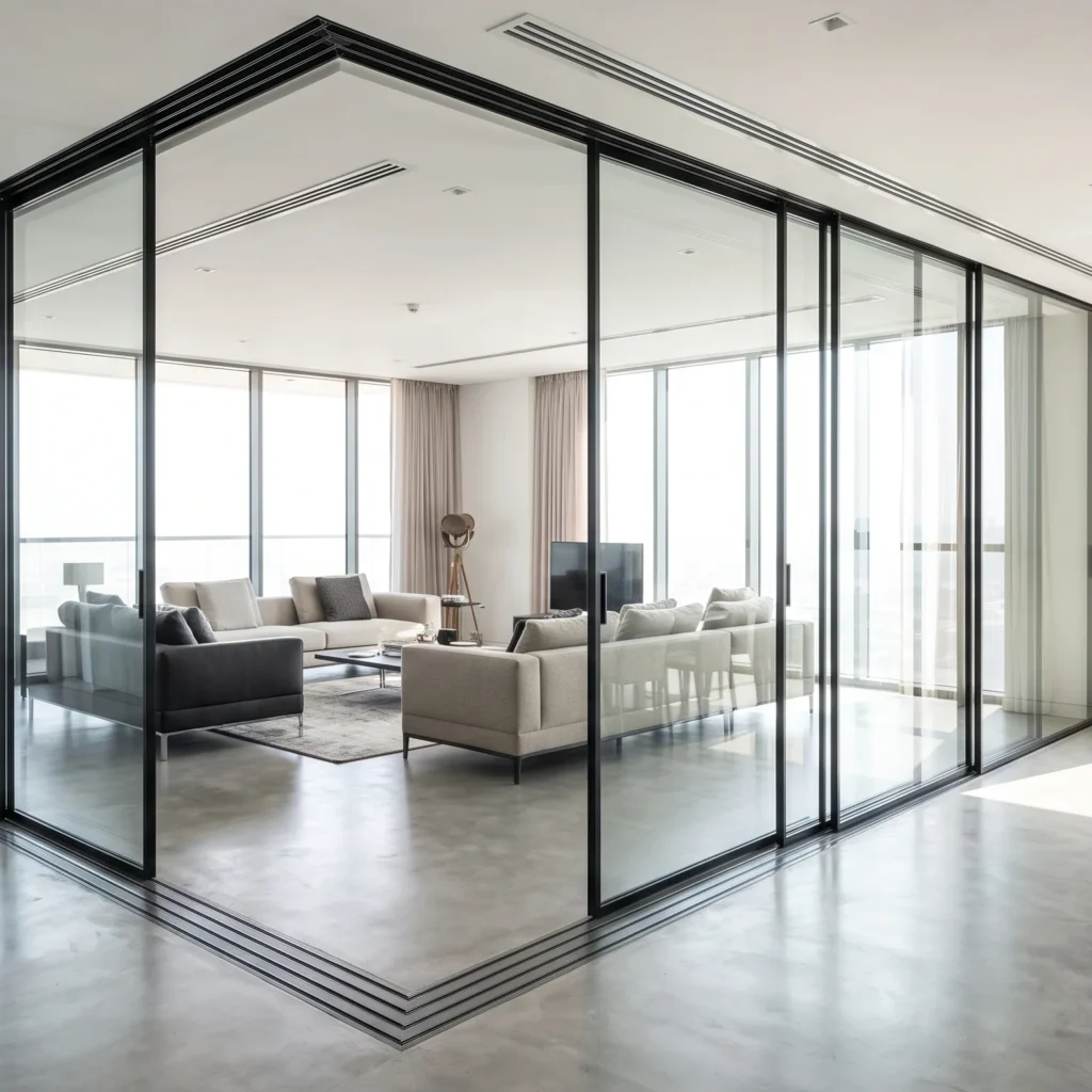 Clear sliding glass partition for living room Dubai installation by MAJLIS HIKMA ALUMINIUM & GLASS LLC, maximizing natural light in a modern open plan space.