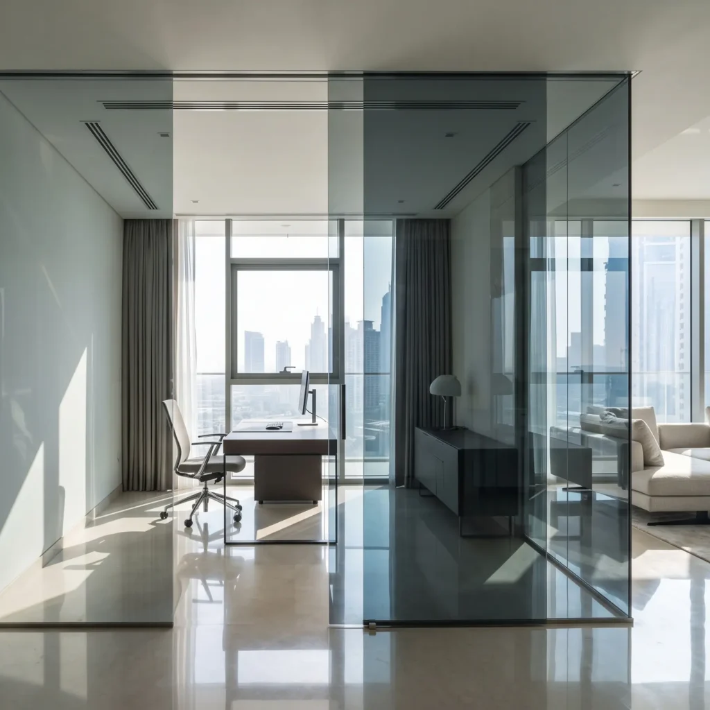 Modern Dubai corporate office meeting room partitioned by frameless sliding glass doors with recessed track. People visible inside; natural daylight filtering through.
