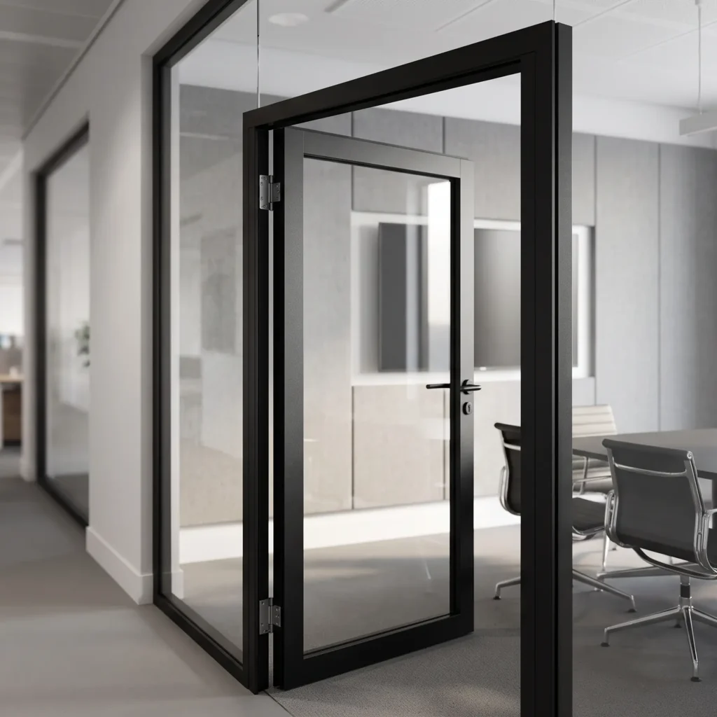 Contemporary Dubai office meeting room enclosed by glass partition with a hinged glass door in a slim matte black aluminium frame. Sleek lockable handle.