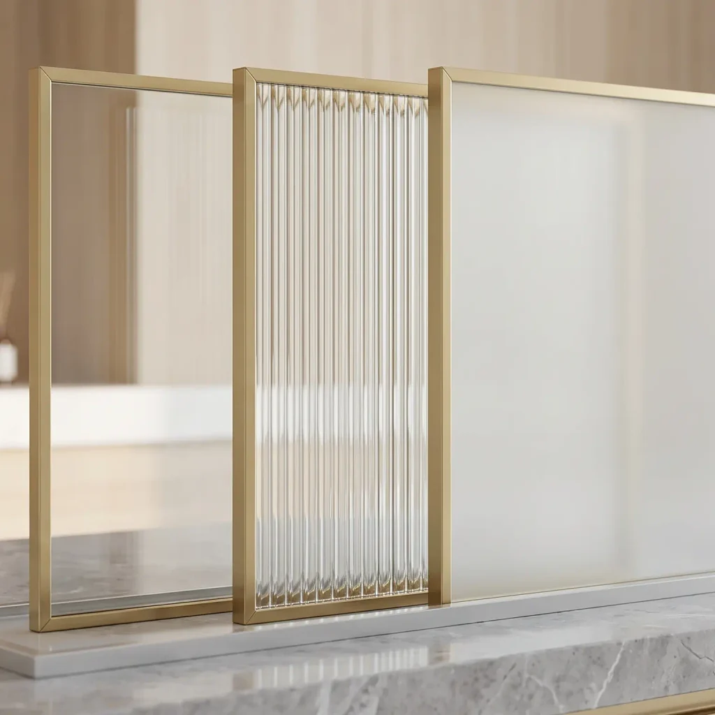 A detailed macro close-up comparing three small vertical sample panels of shower glass side-by-side: perfectly clear, fluted (ribbed vertical lines), and fully frosted, set in minimalist gold frames on a marble vanity counter.
