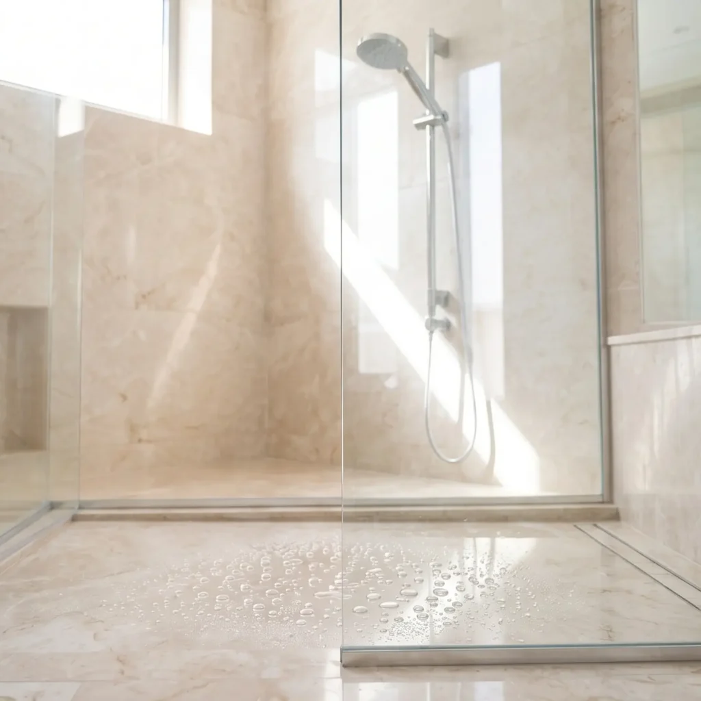 Crystal clear custom shower glass enclosure in a high end bathroom treated with a hydrophobic water repellent coating.