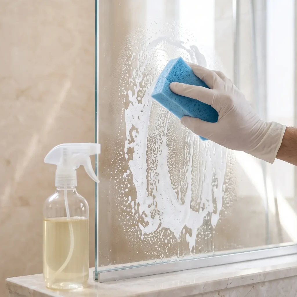 Gloved hand applying a natural vinegar and soap solution with a sponge to deep clean bathroom shower glass.