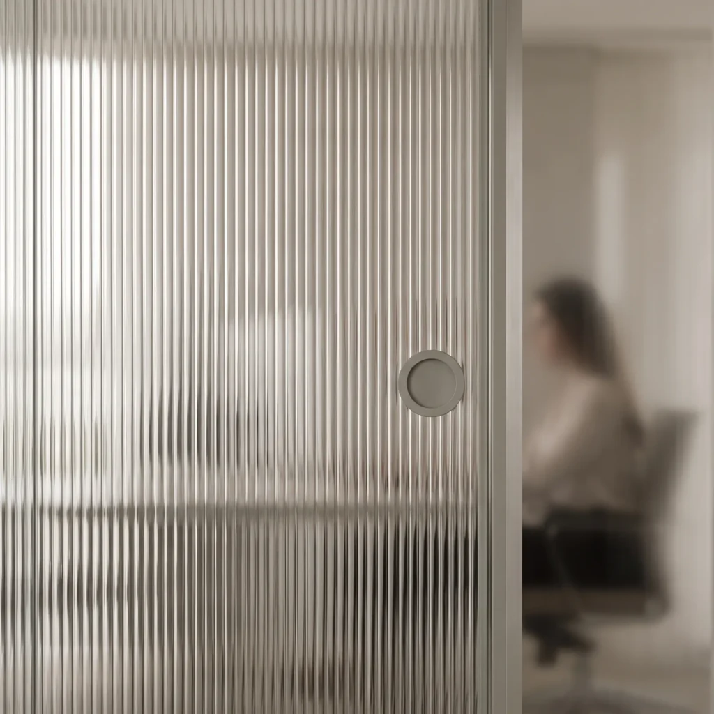 Minimalist Dubai apartment home office separated by a frameless fluted glass door and partition wall. Texture provides obscurity while allowing diffused daylight to pass.