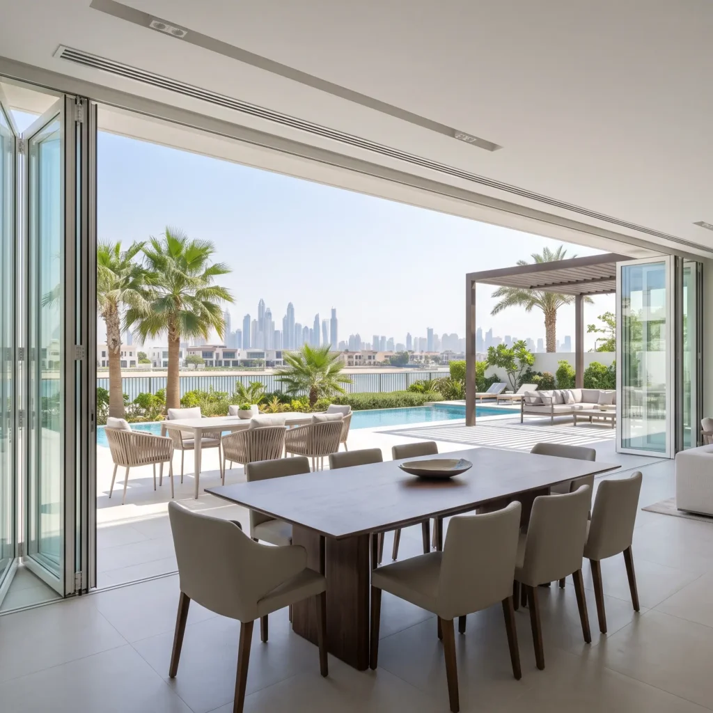 Interior of a luxurious modern Dubai home with foldable glass doors fully retracted and stacked against the wall, seamlessly connecting the dining area to a pool patio.