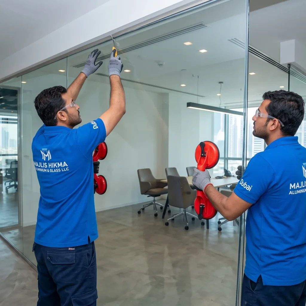 Technicians from Majlis Hikma safely removing a frameless glass partition in a Dubai office using heavy-duty suction cups.