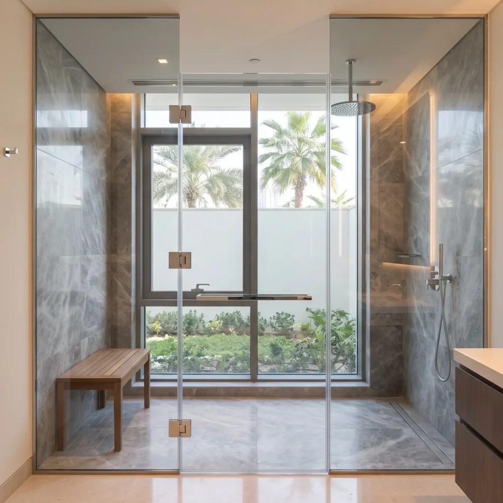 Serene, high-end Dubai bathroom featuring a frameless shower glass partition and door enclosing a walk-in shower area. Large window and marble tiling, spa atmosphere.