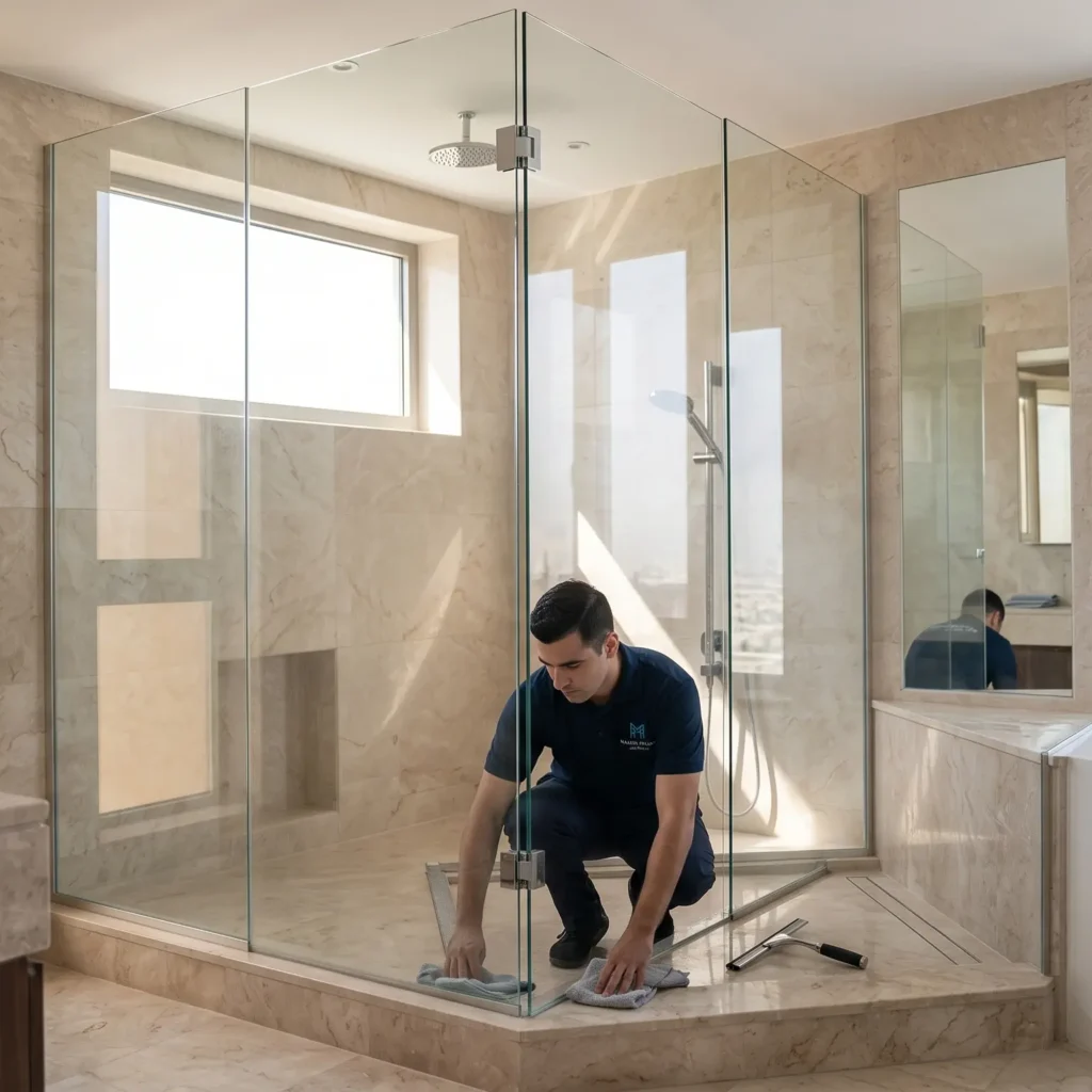 Wide-angle, high-definition photograph of a pristine, modern, luxurious Dubai high-rise bathroom featuring a spotless custom frameless glass shower partition, showcaseing flawlessly clear custom shower glass Doors by MAJLIS HIKMA ALUMINIUM & GLASS LLC, illustrating immaculate clarity and professional finish, with natural light and a glimpse of the city skyline.Image Title Text: Pristine Custom Shower Glass Partition Dubai: Authoritative Finish by MAJLIS HIKMA.