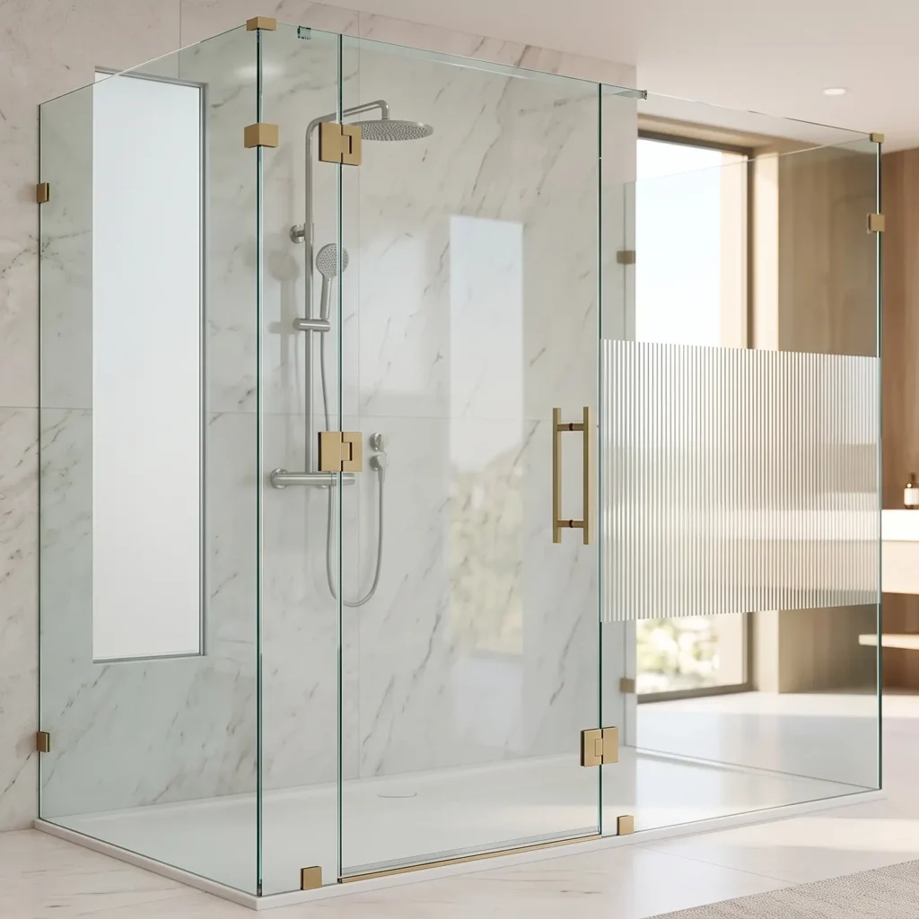 A high-end luxury modern bathroom in Dubai, featuring a large, frameless glass shower enclosure with minimalist brass hardware and reeded privacy glass details, set against grey marble walls.