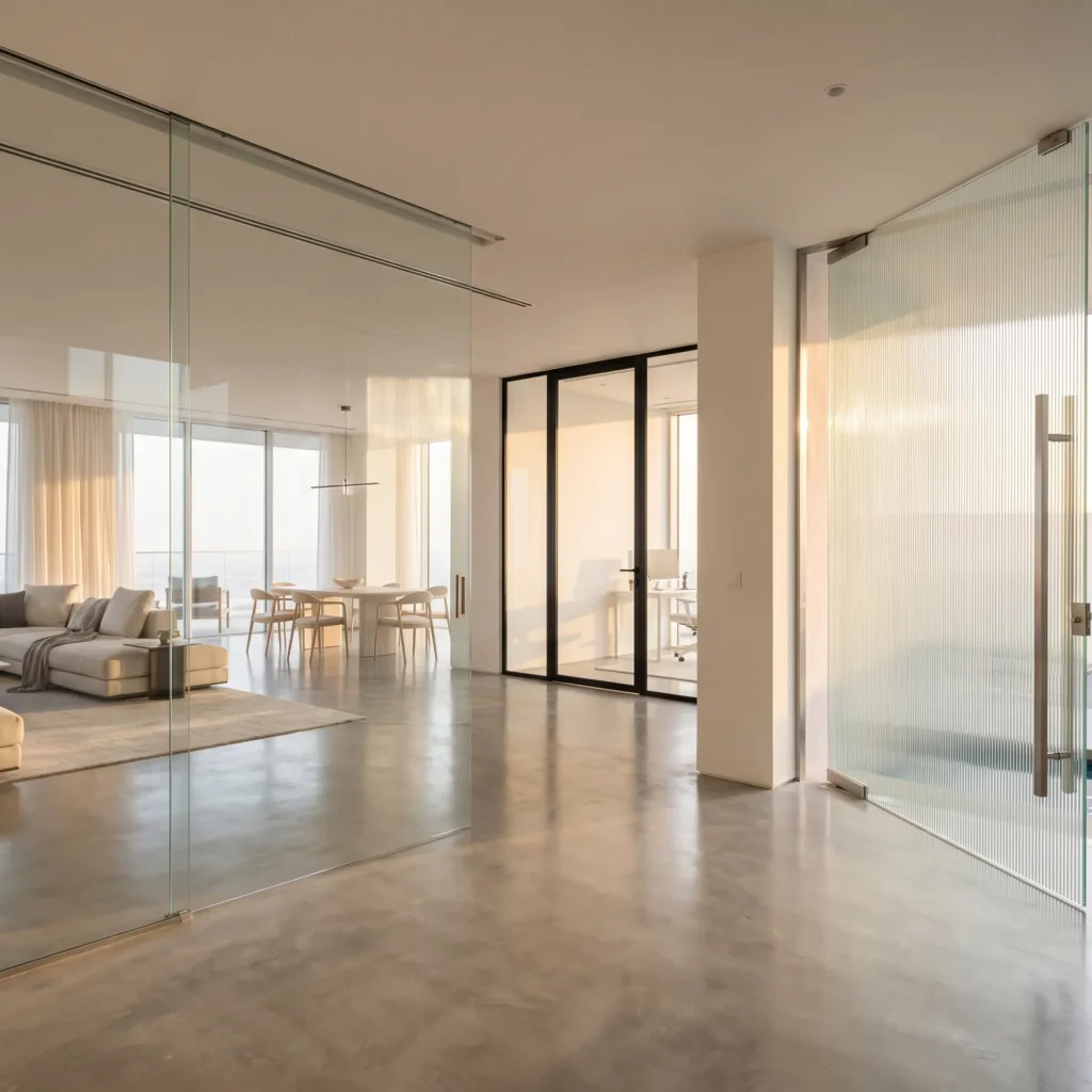 Interior photograph of a modern open-plan Dubai apartment at sunset. A large, open textured fluted glass pivot entrance door with a vertical metal handle is on the right. Large frameless clear glass sliding partition doors with recessed tracks separate the central area from a lounge featuring a beige sectional sofa and concrete floors. A terrace with water elements and stepping stones is visible outside.