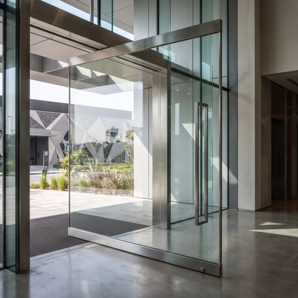 Architectural entrance of a luxury Dubai villa featuring a large glass pivot door rotating on its axis. Palm trees and a water feature are visible outside; bright daylight.