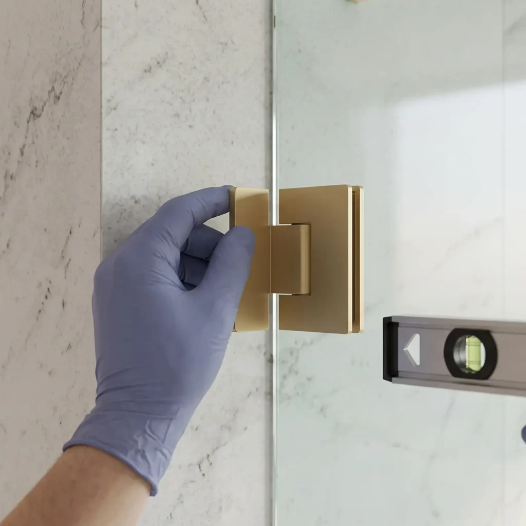 A detailed professional photograph focusing on a craftsman's gloved hand precisely adjusting a heavy-duty matte gold hinge on a custom frameless glass shower door. A precise level is used on the glass. The clean marble background emphasizes expert workmanship.