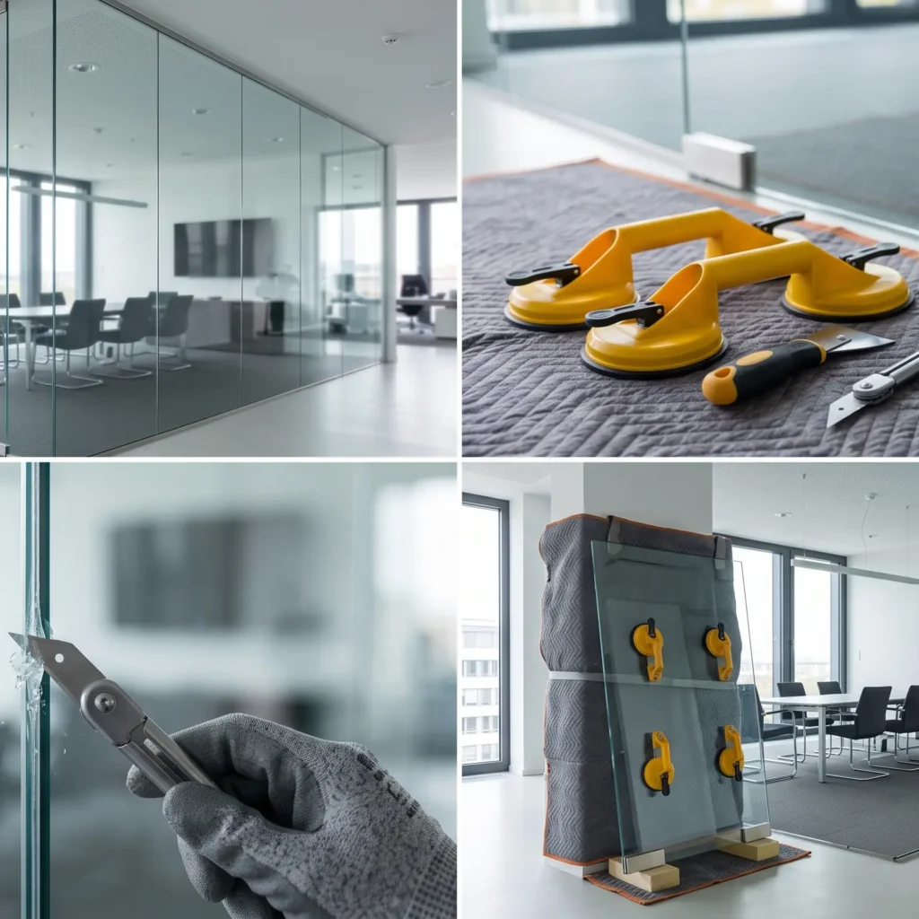 An overview composite image detailing the removal of a frameless glass partition wall in four stages: establishing the complete partition, arranging essential tools like glass suction cups and cutting blades, meticulously slicing the silicone sealant joint, and safely leaning the removed panel on wooden blocks in a modern office setting.