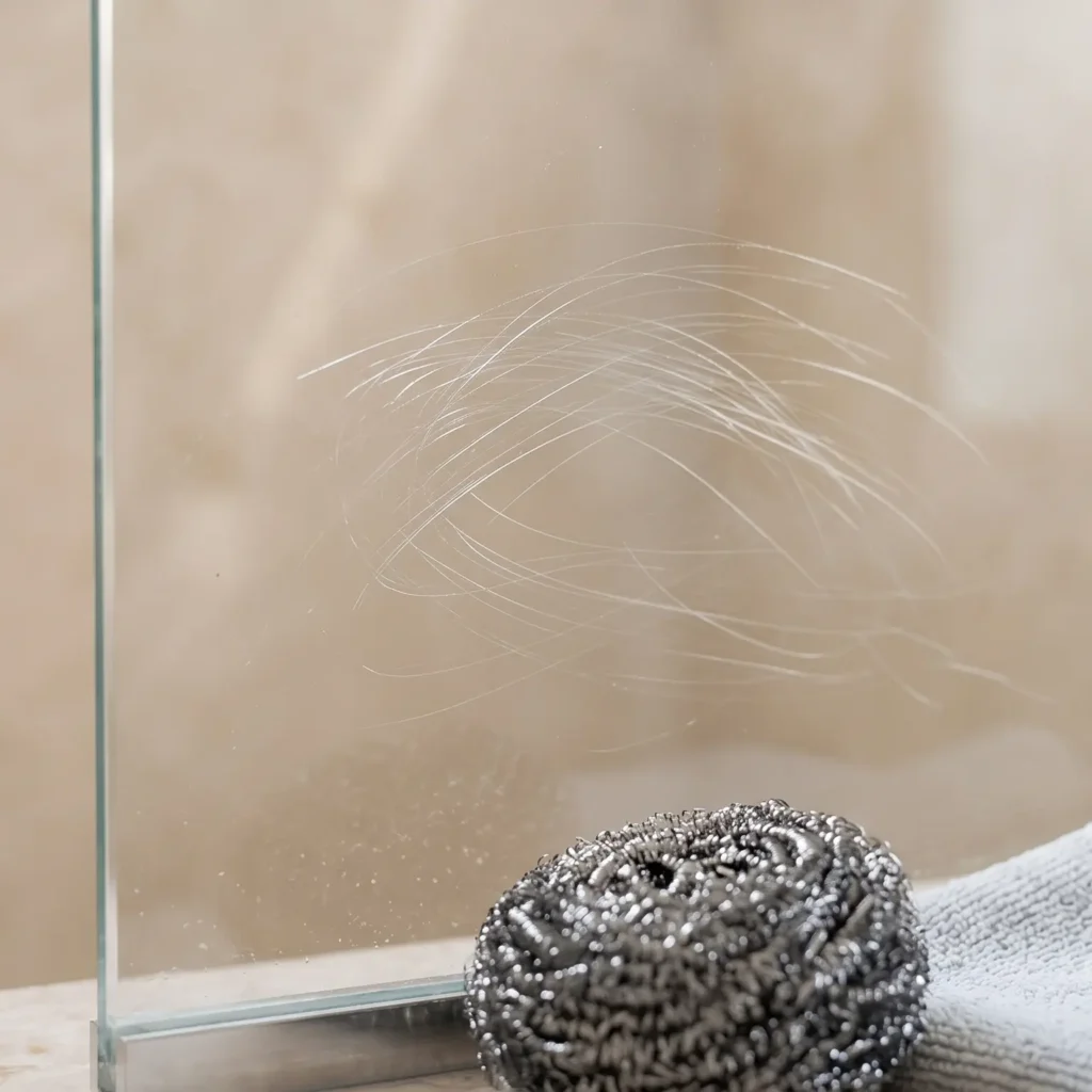 Close up view of scratched shower glass doors caused by using abrasive materials like the steel wool shown in the foreground.