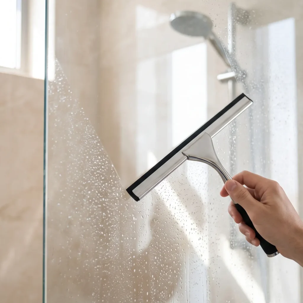 A person using a squeegee to wipe down a luxury shower glass partition in Dubai to prevent hard water stains.