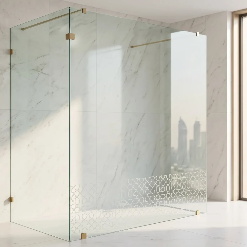 A wide photograph of a wet room within a luxury Dubai bathroom. A single, minimalist frameless tempered glass panel with brass clips defines the open walk-in shower area. A subtle geometric etched pattern is visible. A Dubai skyline view is blurred in the background.