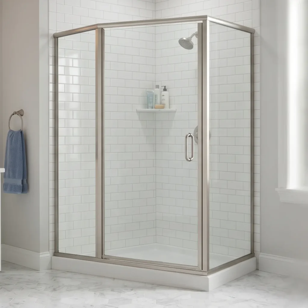 Durable framed glass shower enclosure with satin nickel finish installed in a traditional bathroom with white subway tiles