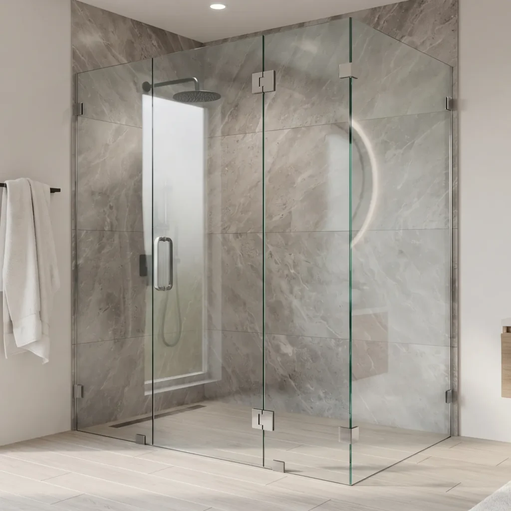 Modern frameless shower glass partition featuring crystal-clear tempered safety glass and minimalist chrome hardware in a luxury bathroom