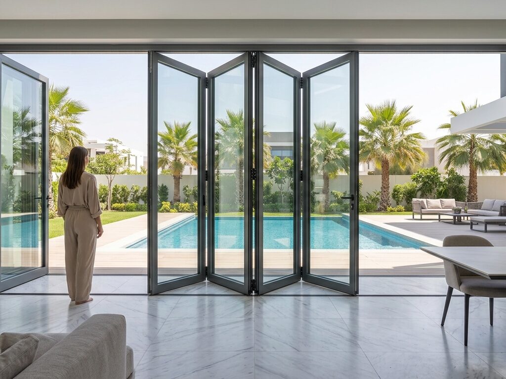 Modern luxury villa living room with multi-panel bi-fold aluminum glass doors partially folding open towards an outdoor swimming pool and garden patio