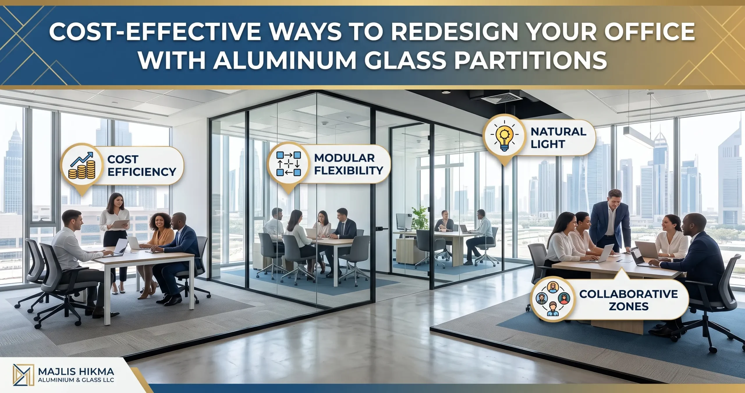 Modern office redesign featuring cost-effective aluminum glass partitions in Dubai, showcasing modular flexibility and enhanced natural light.