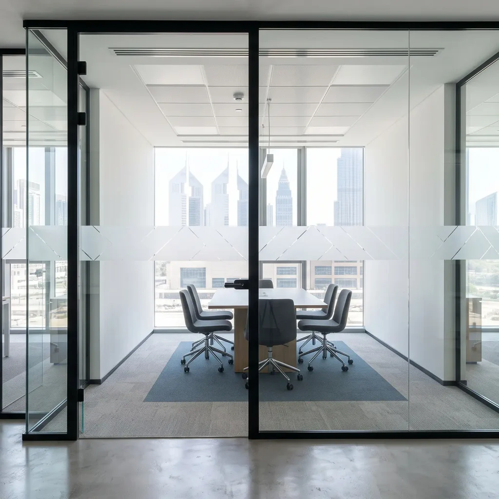 Custom glass partition in a Dubai office conference room featuring black aluminum frames, frosted privacy film, and a view of the city skyline.