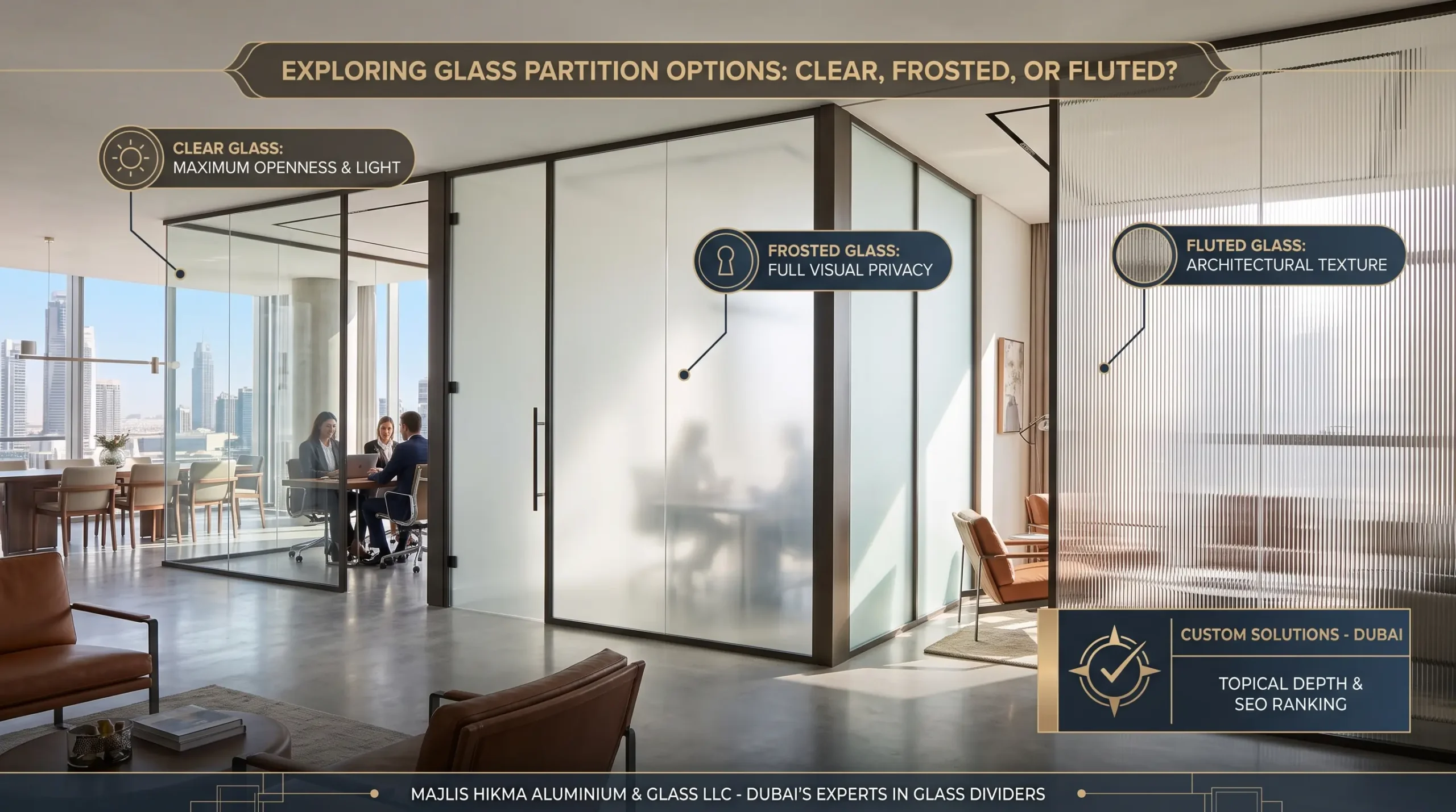 Comparison infographic illustrating three types of custom glass partitions: Clear (Maximum Light), Frosted (Optimal Privacy), and Fluted (Textural Elegance) in a modern office with Dubai views. Includes icons and company footer: MAJLIS HIKMA ALUMINIUM & GLASS LLC, DUBAI, UAE.