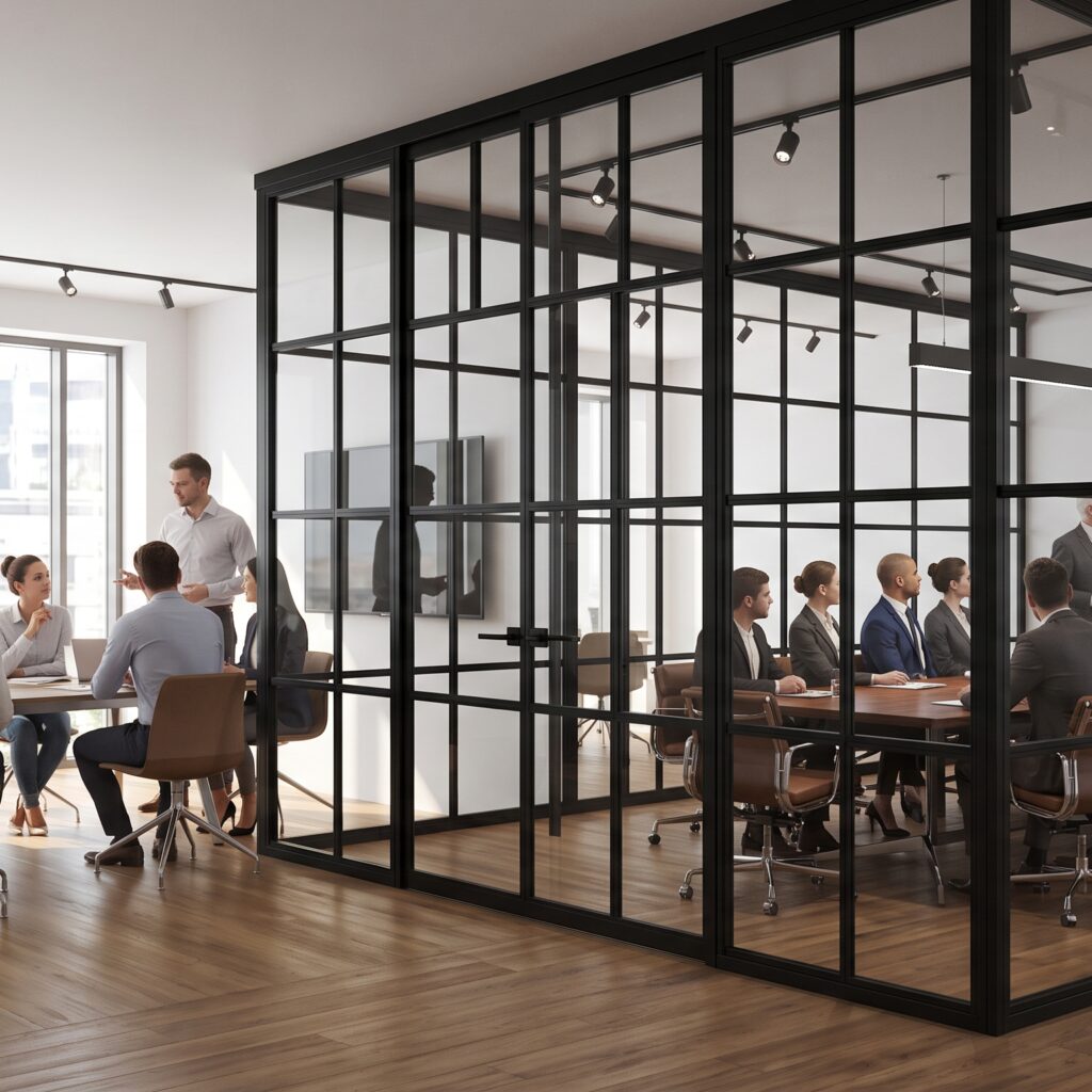 Frameless glass meeting room enclosure with geometric frosted privacy film manifestation.