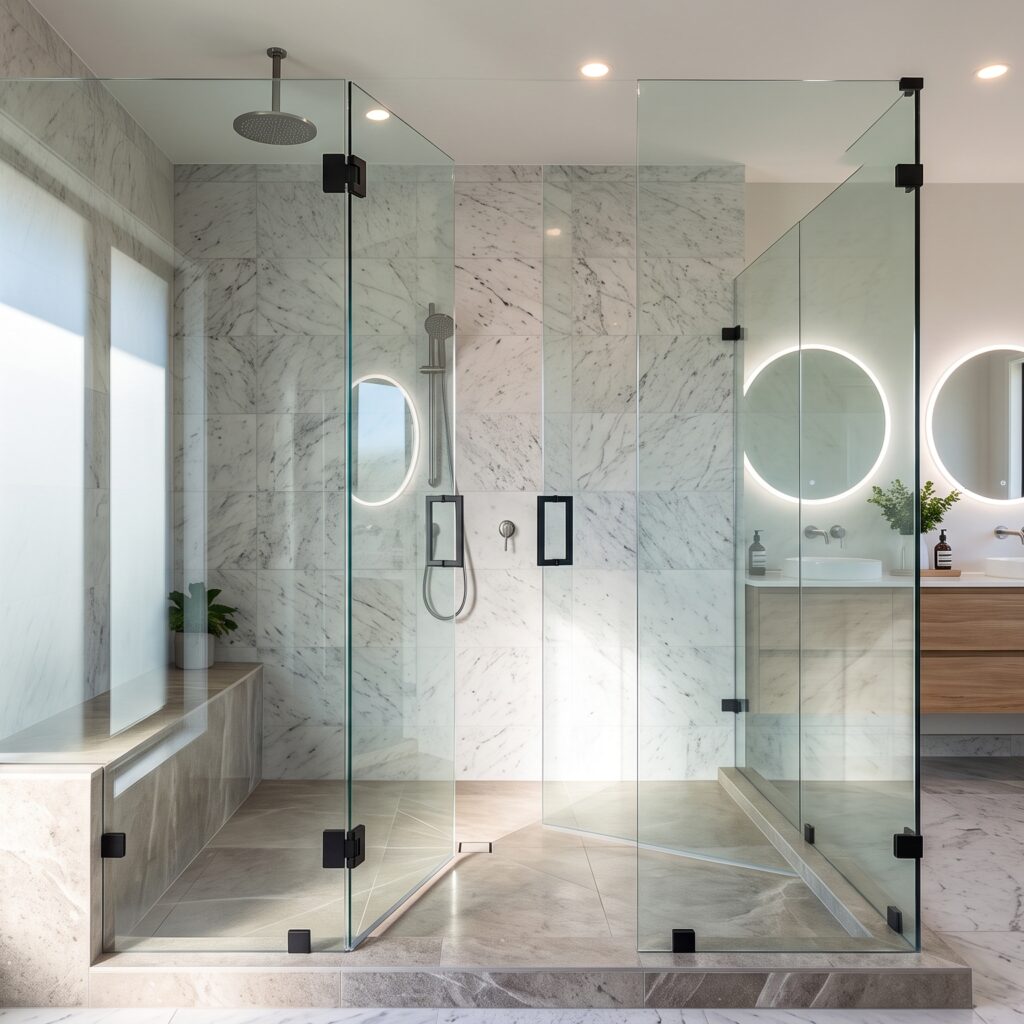 Frameless corner tempered glass shower enclosure in modern bathroom Dubai