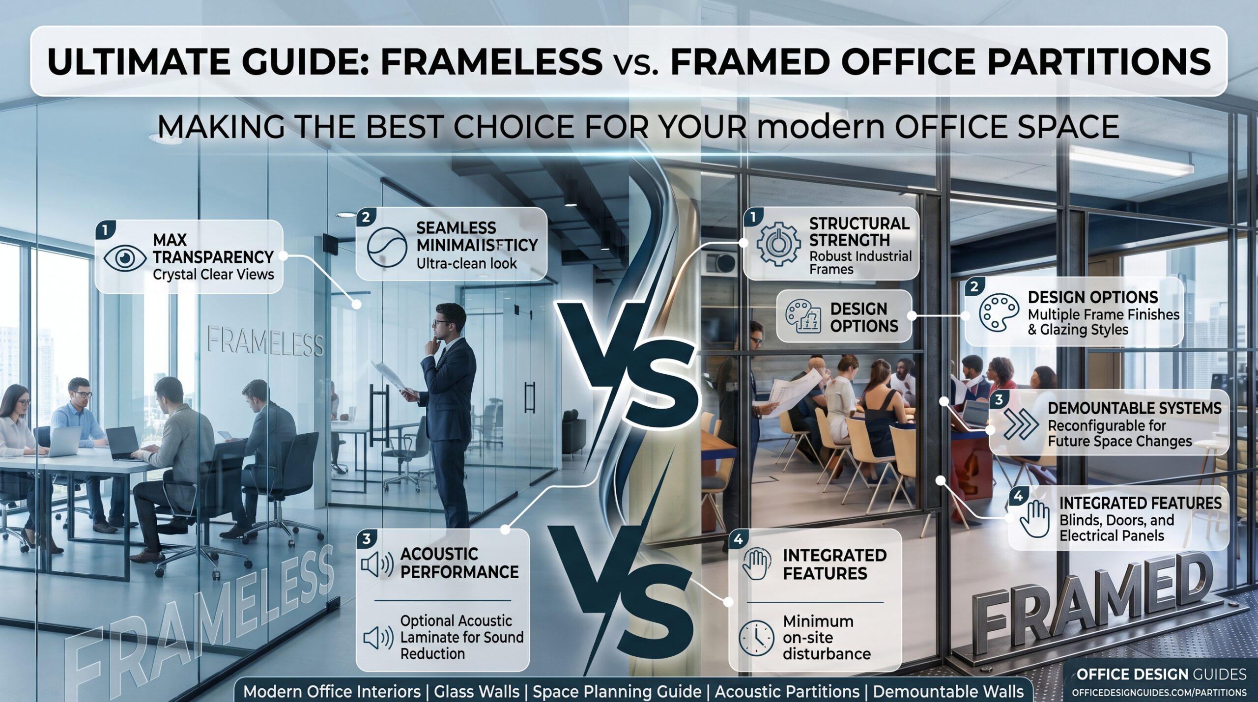 Side-by-side comparison infographic of Frameless versus Framed office glass partitions. The image details key features and benefits, such as Max Transparency (eye icon), Minimalist Aesthetics (circle icon), and Acoustic Performance (speaker icon) for Frameless. For Framed, it lists Structural Strength (gear icon), Design Options (palette icon), Demountable Systems (arrows icon), and Integrated Features (hand icon). Text includes "Ultimate Guide" and call-out points with icons.