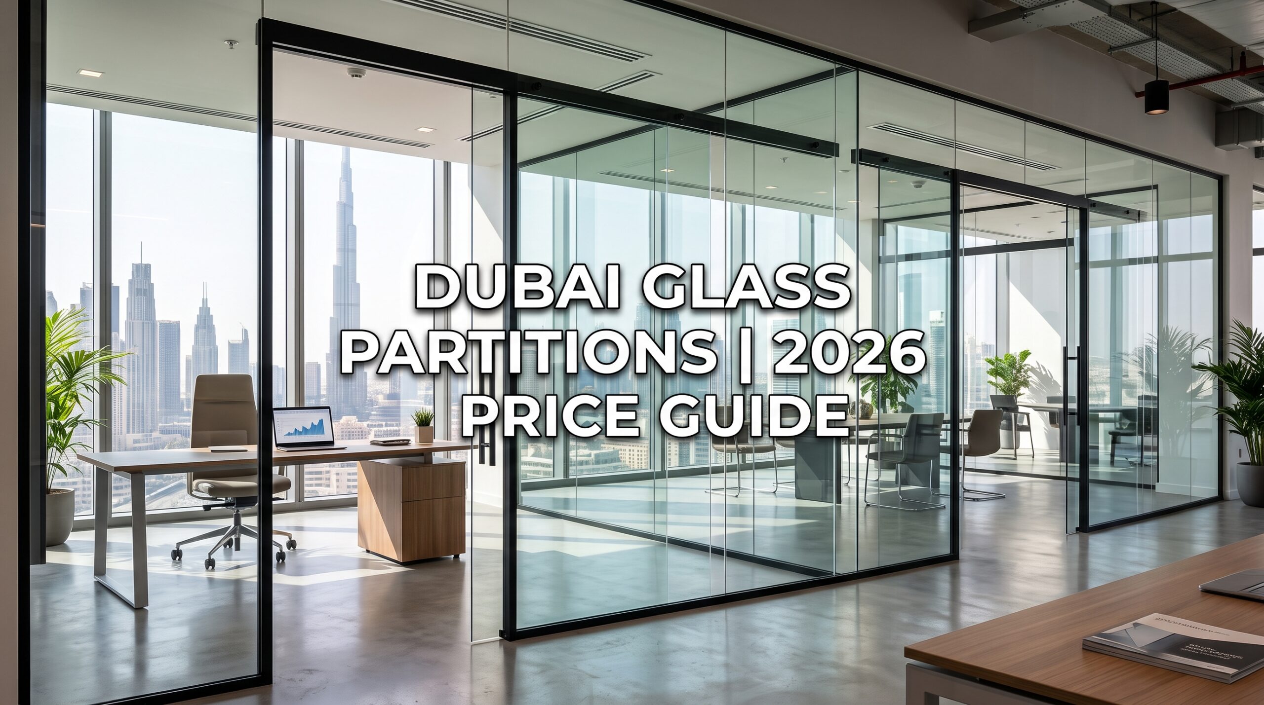 Modern office glass partition installation in downtown Dubai overlooking the city skyline, representing the 2026 price guide.