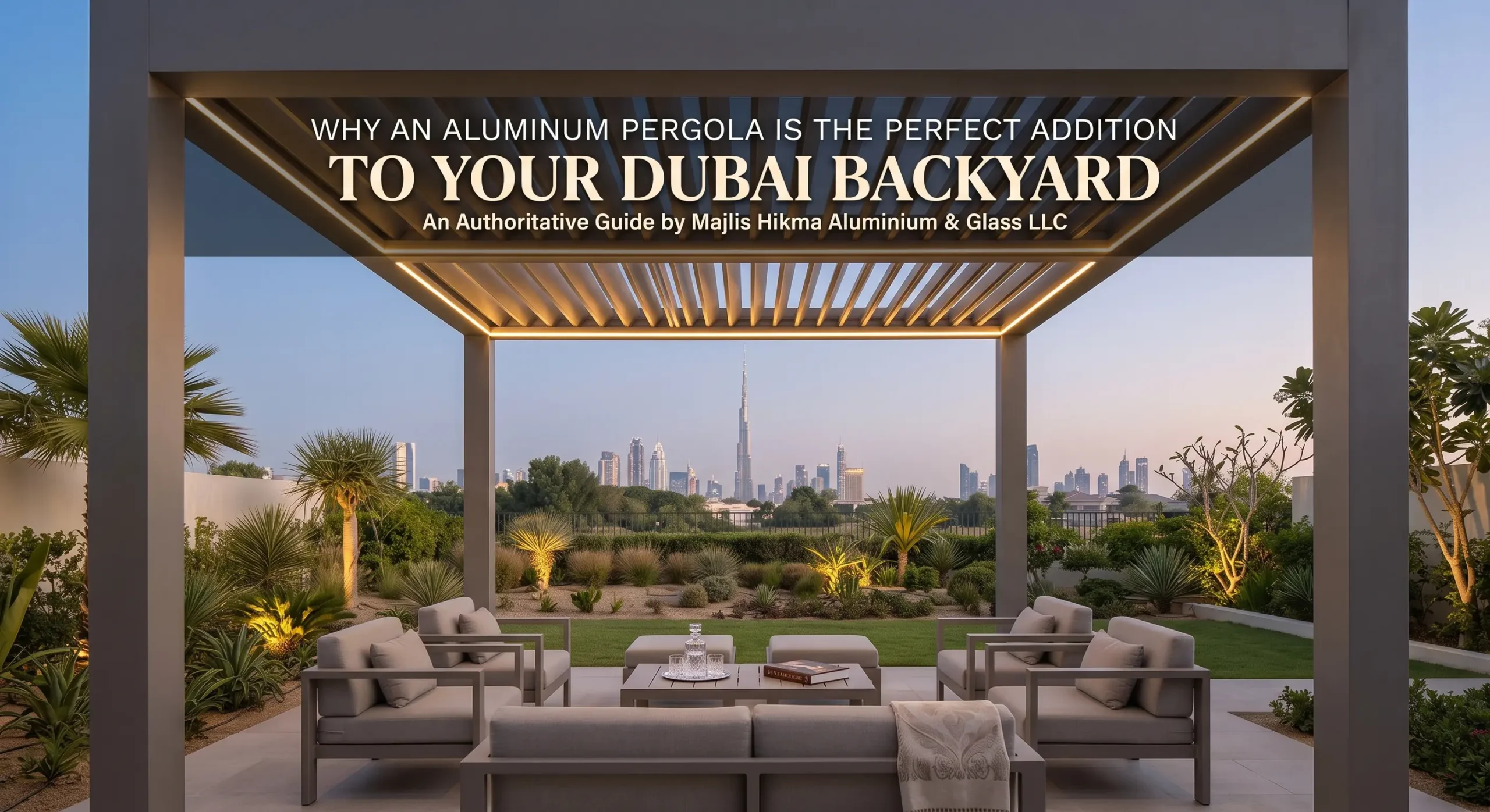 A modern motorized louvered aluminum pergola in a luxurious Dubai backyard with outdoor furniture, integrated LED lighting, and a view of the Burj Khalifa and the Dubai skyline.