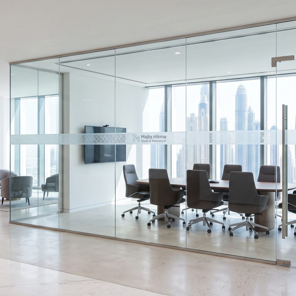 Seamless frameless office glass partition with a hinged glass door and frosted privacy film in a modern Dubai commercial meeting room