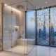 Luxury Dubai bathroom featuring a custom frameless fluted shower glass partition with high-rise city views.