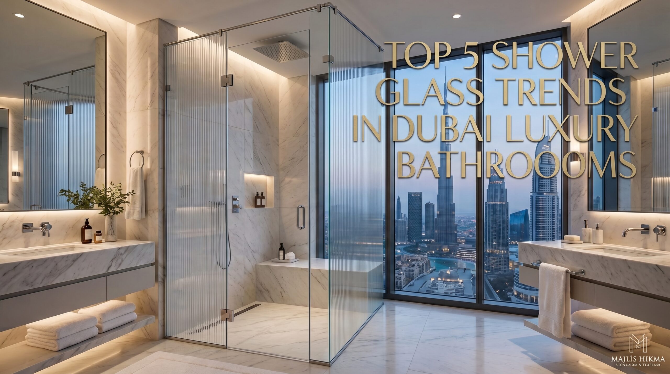 Luxury Dubai bathroom featuring a custom frameless fluted shower glass partition with high-rise city views.