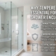Infographic explaining the benefits of tempered glass for modern shower enclosures, including unmatched safety, increased durability, and frameless modern design.