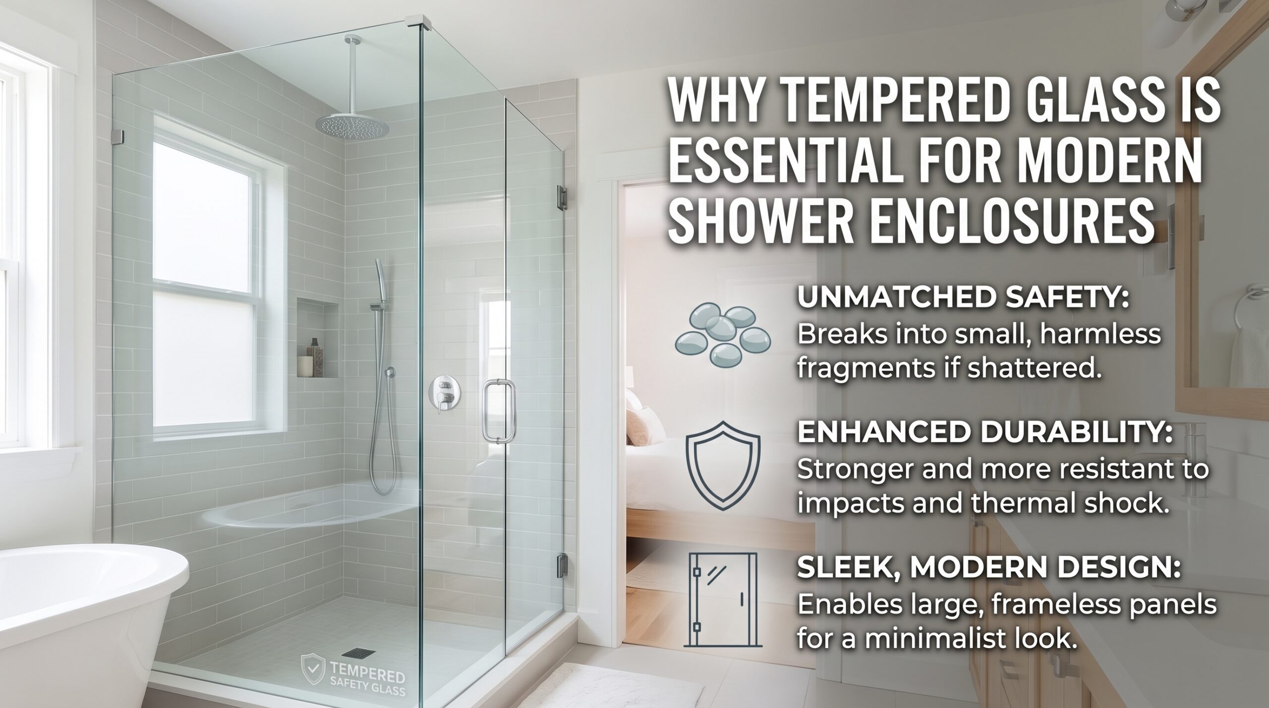 Infographic explaining the benefits of tempered glass for modern shower enclosures, including unmatched safety, increased durability, and frameless modern design.