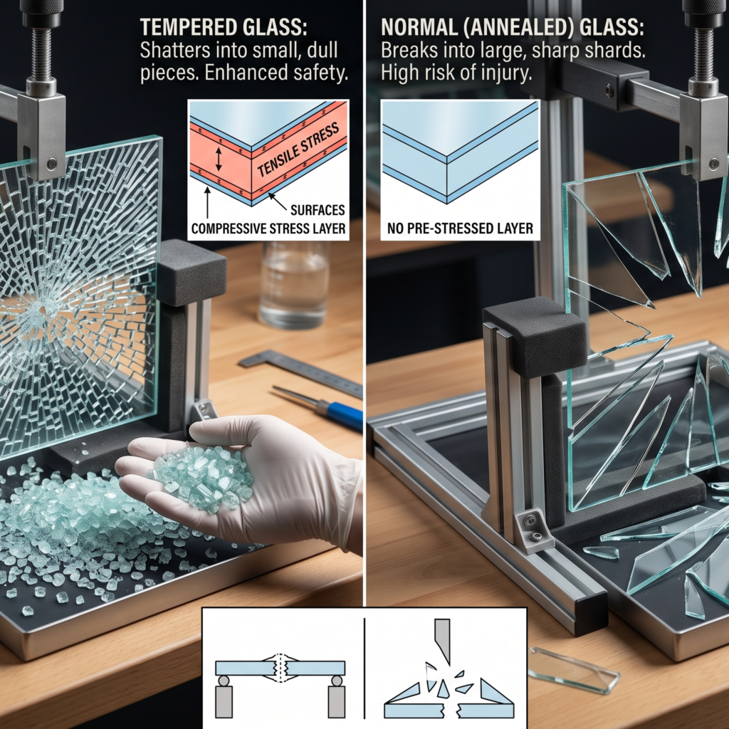 Side-by-side comparison showing tempered safety glass shattering into blunt pebbles versus normal annealed glass breaking into sharp hazardous shards