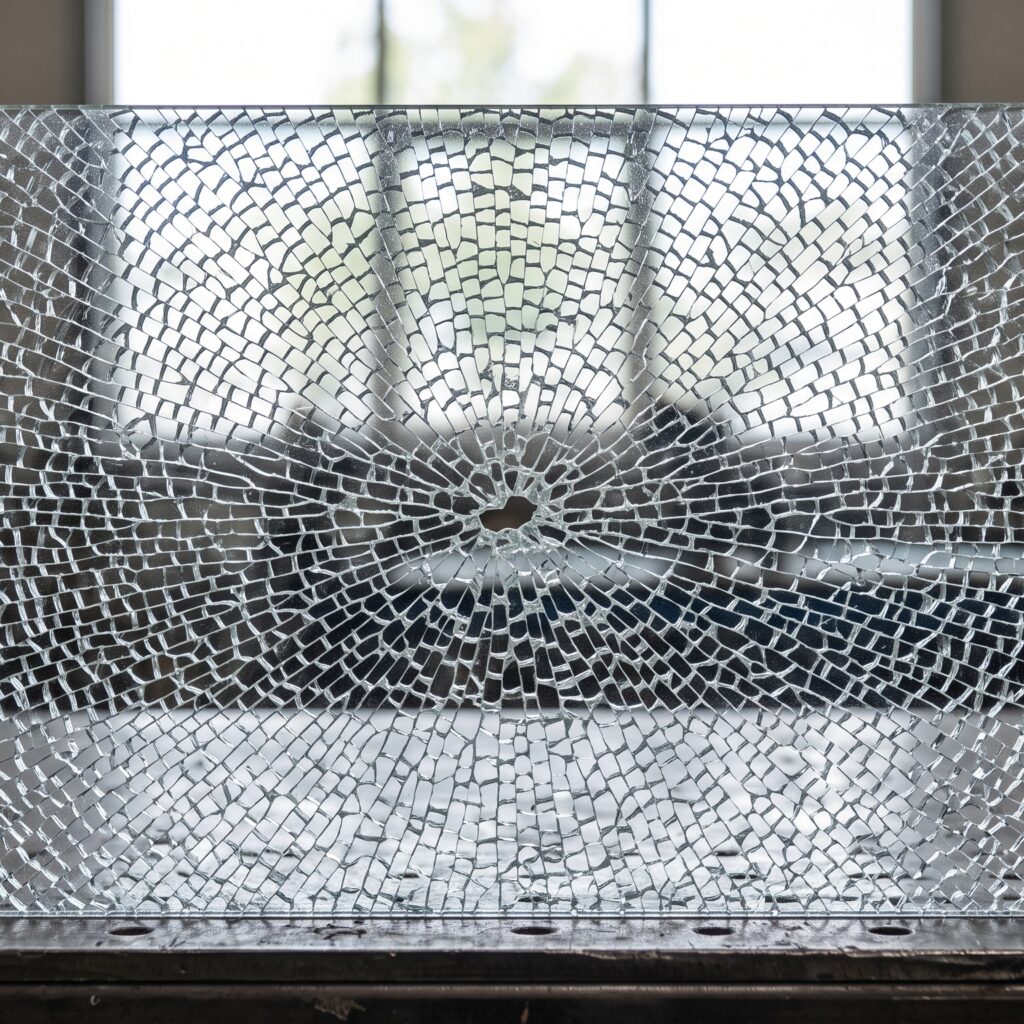 Granular fracture pattern of broken tempered safety glass pebble fragments