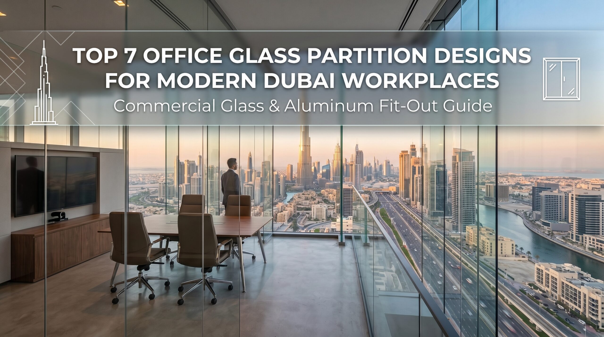 Modern frameless office glass partition in Business Bay Dubai with Burj Khalifa skyline view