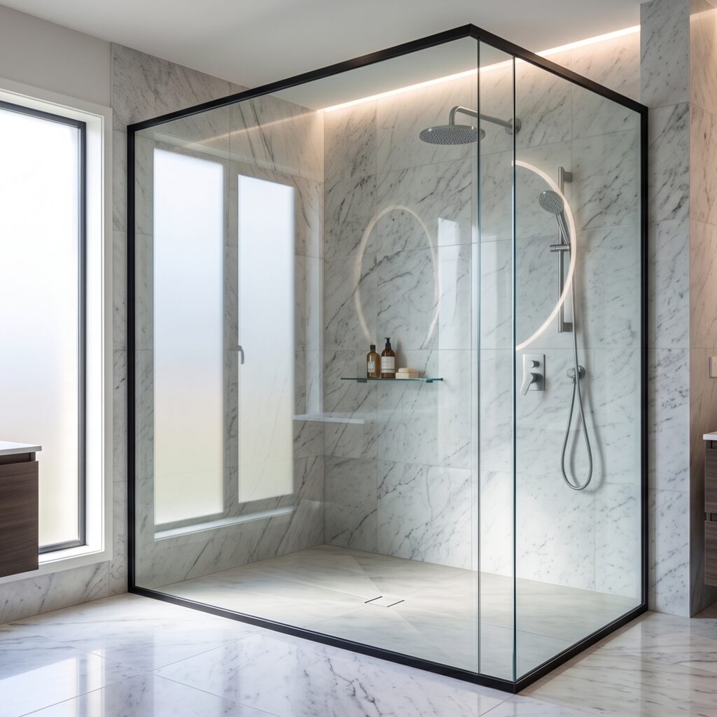 Walk-in minimalist tempered glass shower partition with black frame Dubai