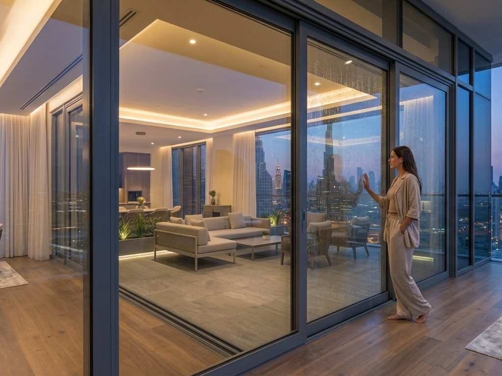Modern high-rise penthouse living room with floor-to-ceiling sliding glass doors overlooking an illuminated city skyline at night